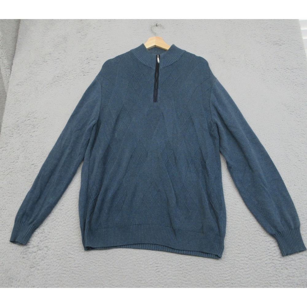Alex Cannon Argyle Cotton 1/4 Zip Preppy Sweater Mens XL Blue Mock Neck Golfcore